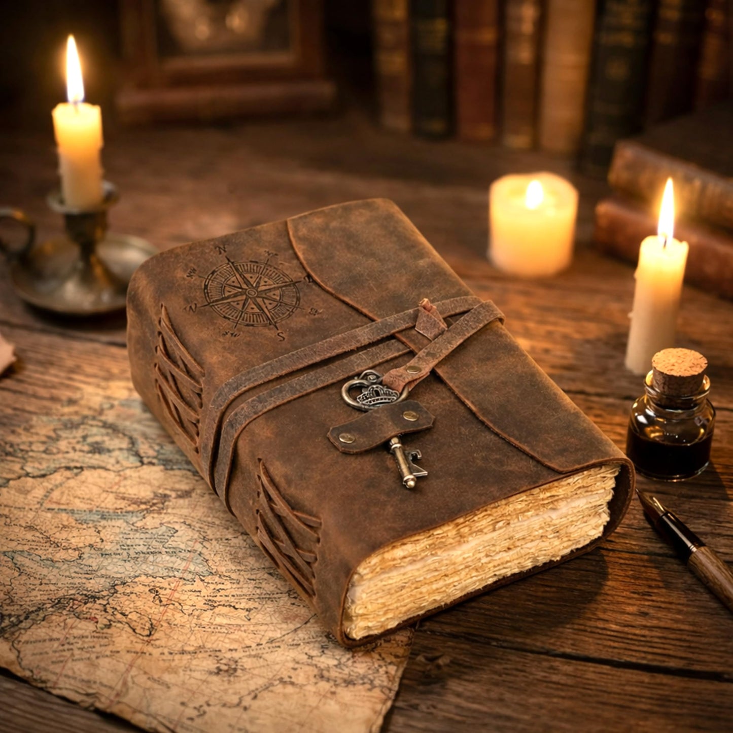 cuero Compass Vintage Leather Journal Antique Handmade Leather Bound Journal with Deckle Edge Paper Diary Leather Sketchbook Drawing Journal Notebook Great Gift Men & Women (Vintage Brown, 4X6 Inch)