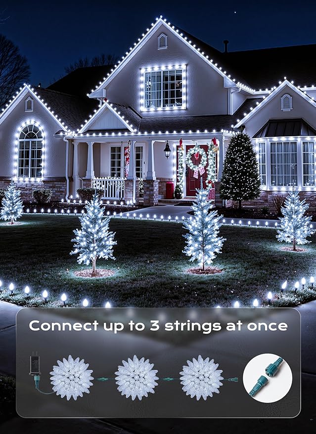 C9 LED Christmas Lights Outdoor, 33 FT 50 LED C9 String Lights, 8 Modes & Timer Connectable Waterproof for Christmas Tree Light Indoor Outdoor Roofline Patio Outside Garden Yard Xmas Decoration, White