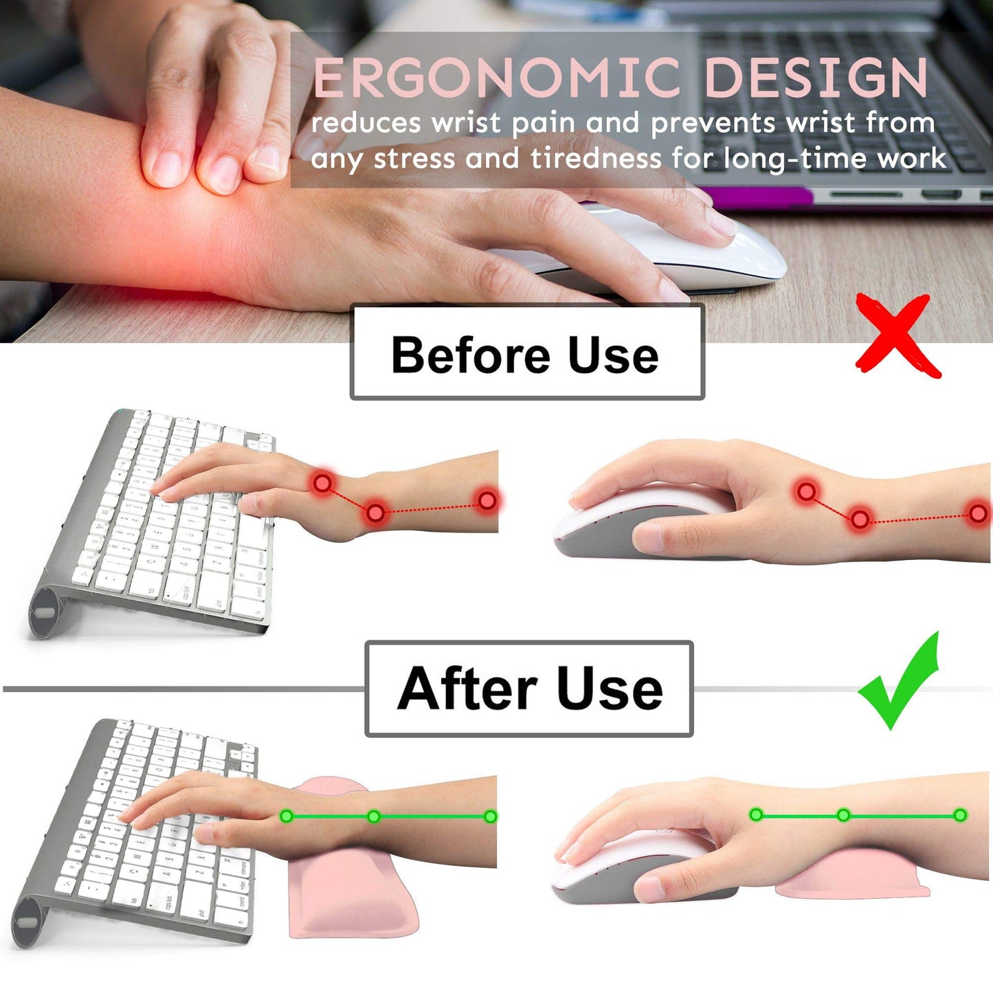 iFine Upgrade Cleanable PU Leather Keyboard Wrist Rest Pad & Mouse Wrist Cushion Support for School, Office, Home, Computer, Laptop, Mac, Waterproof Lightweight Comfortable Pain Relief Typing -Pink