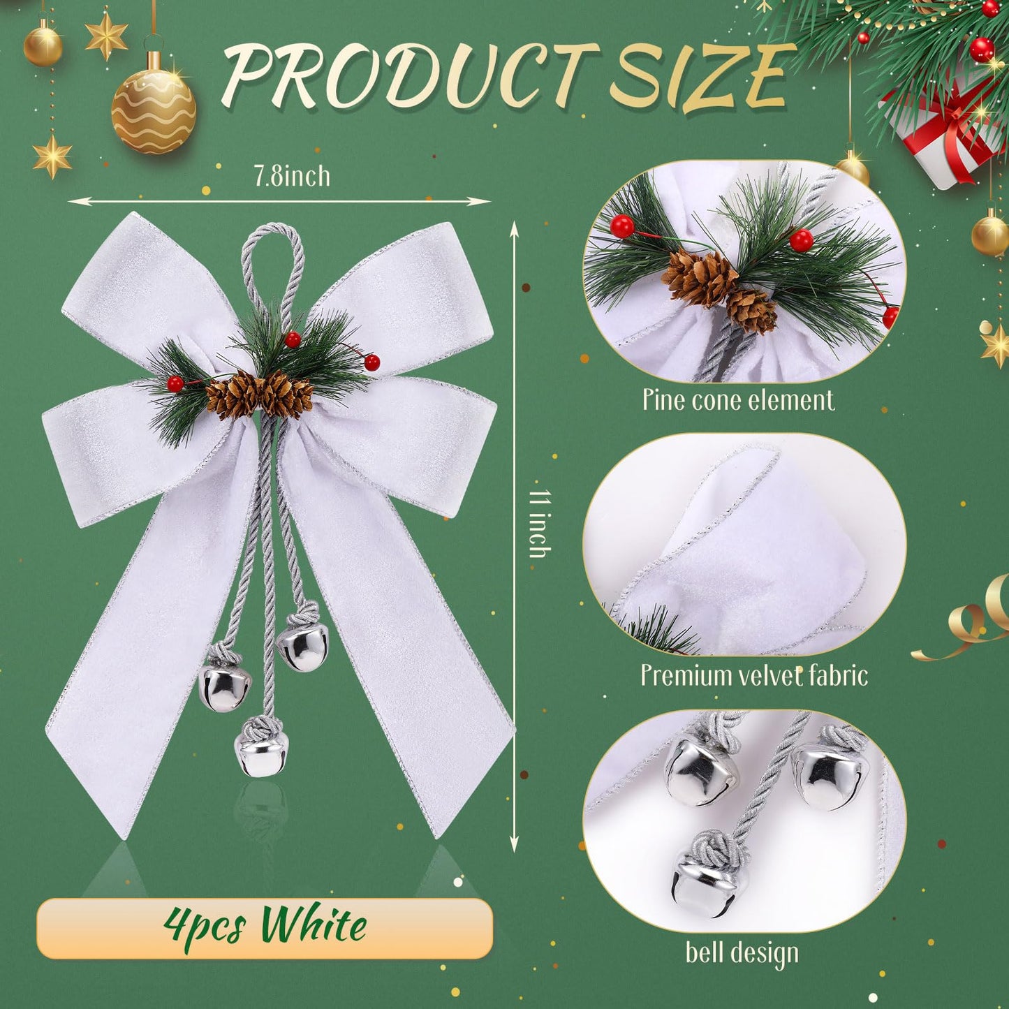 Yinkin Christmas Tree Wreath Bow Christmas Ribbon Bows with Bells 11 x 7.8 in Velvet Pine Cone Bowknot Xmas Tree Hanging Ornaments Decor for Home Xmas Party Outdoor Indoor(White,4 Pcs)