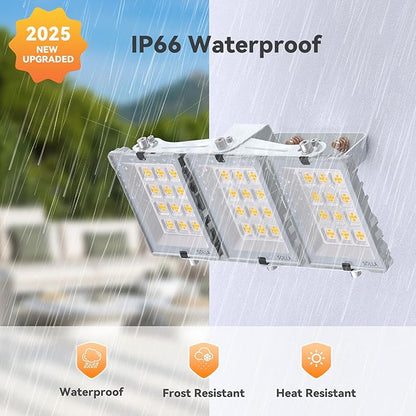 150W 2025 Plus New Upgraded LED Flood Light Outdoor, 15000LM Super Bright Stadium Lights, 6000K Daylight White, IP66 Waterproof, 3 Heads Adjustable Outdoor Floodlight for Yards, Arena, Garden