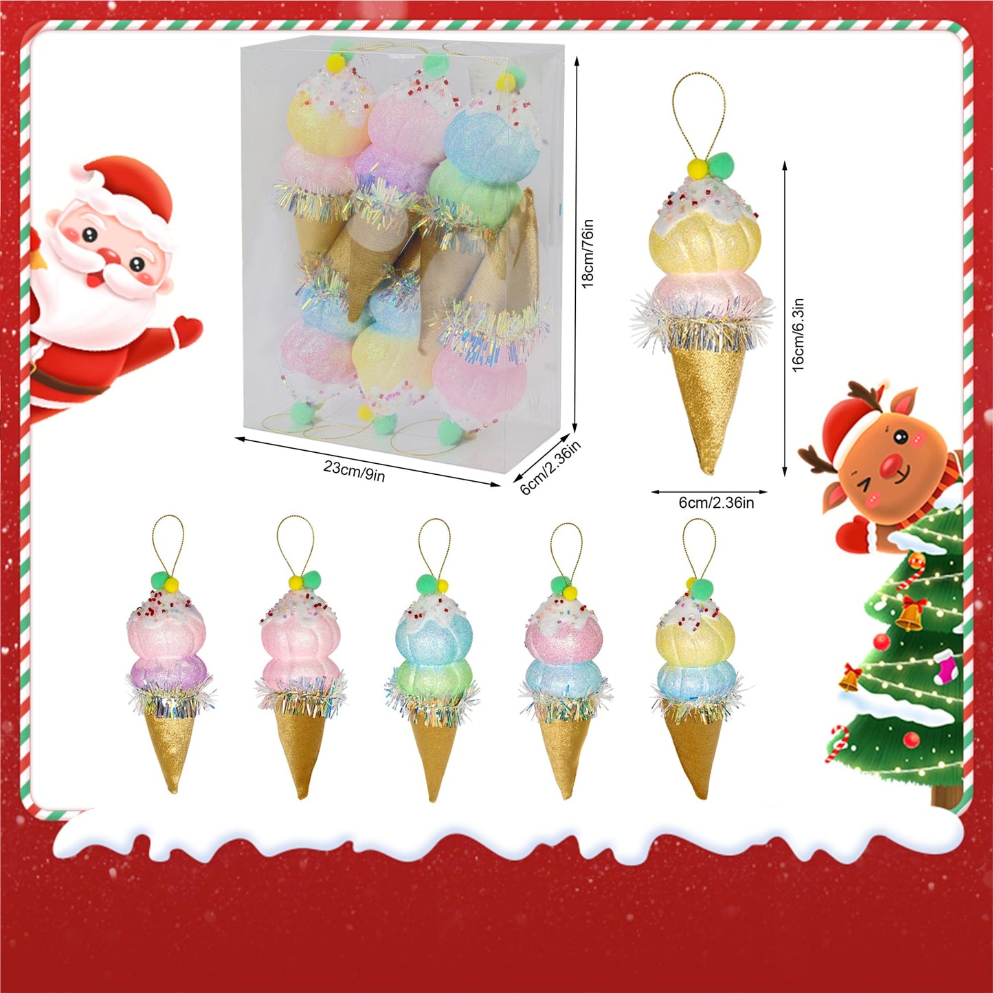 6Pcs 6.3inch Christmas Ice Cream Candy Land Ornaments Decoraion,Hanging Candy Cane Crafts for Xmas Tree Décor,Ideal for Xmas, New Year, Birthdays, Weddings & Home Parties