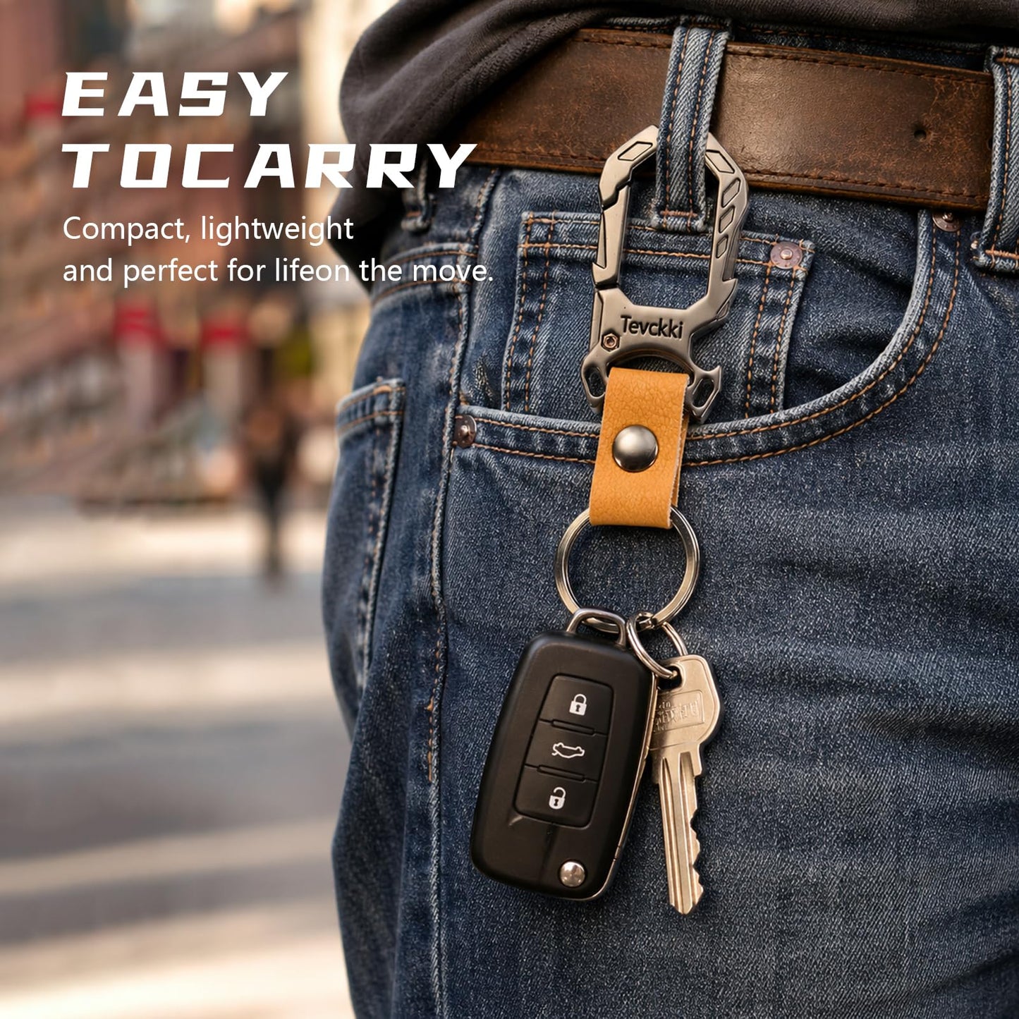 Tevckki Tactical leather keychains Carabiner Car Key Chains Bottle opener .Metal Clip Keychain with Anti-Lost 2 Key Rings Universal for men and women.(Brown)