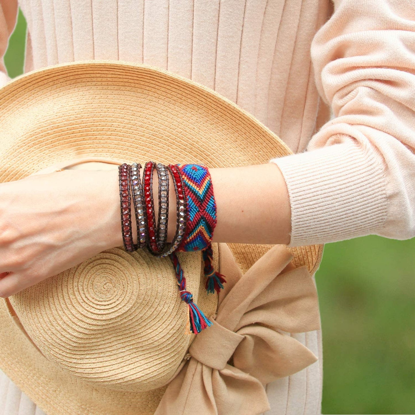 KELITCH Fashion Color Crystal Mix Beaded 5 Wrap Bracelet On Natural Leather Handmade New Women Jewelry (Red Crystal)