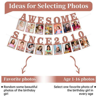 Pre-strung Awesome Since 2010 Photo Banner Birthday Decorations for Girls Women- Pink Rose Gold Glitter Sweet 16th Birthday and Anniversary Decorations Party Supplies