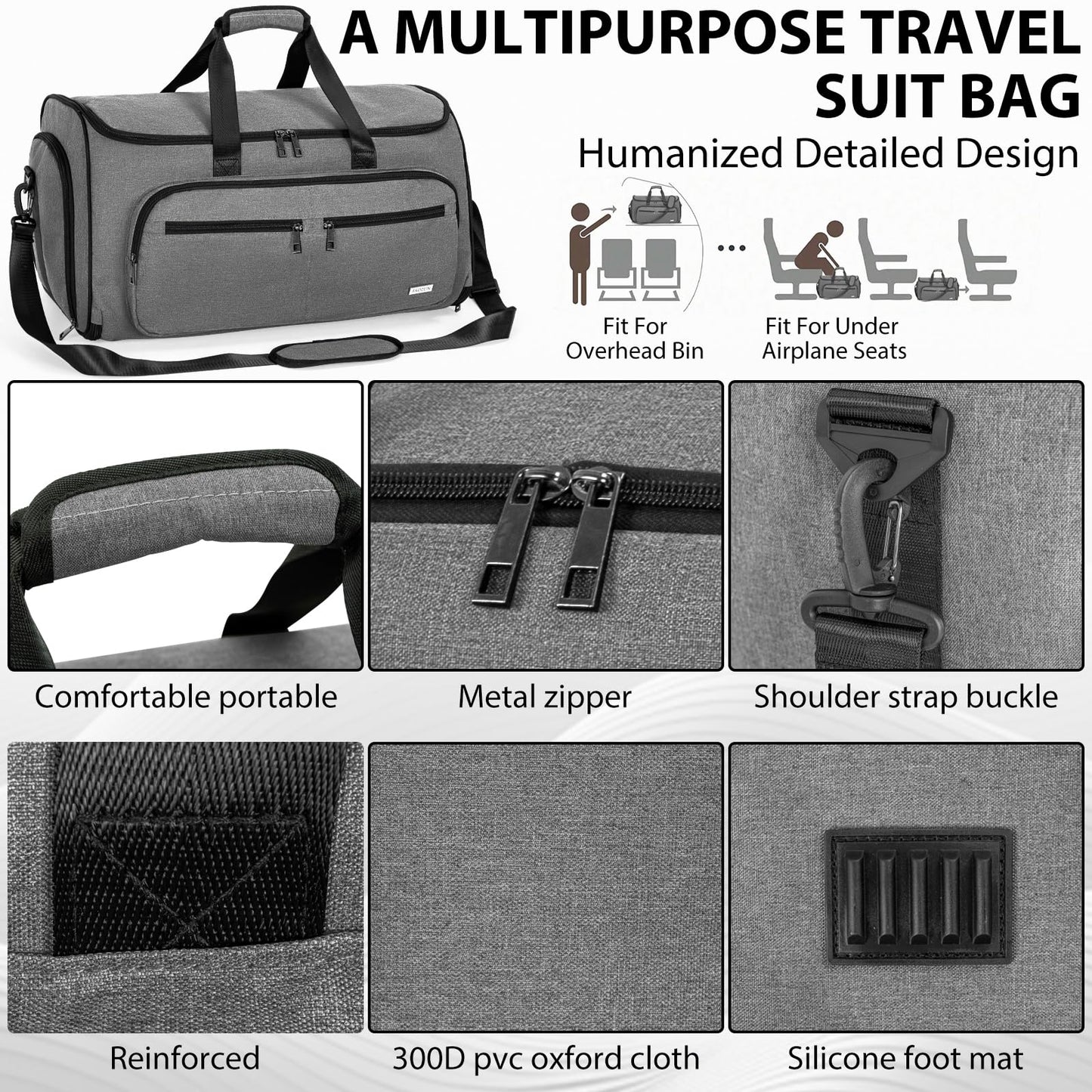 AKOZLIN Convertible Garment Bag for Travel 3 in 1 Carry On Garment Duffle Bag with Shoes Compartment Hanging Suitcase Suit Travel Storage Bags For Men Women Grey