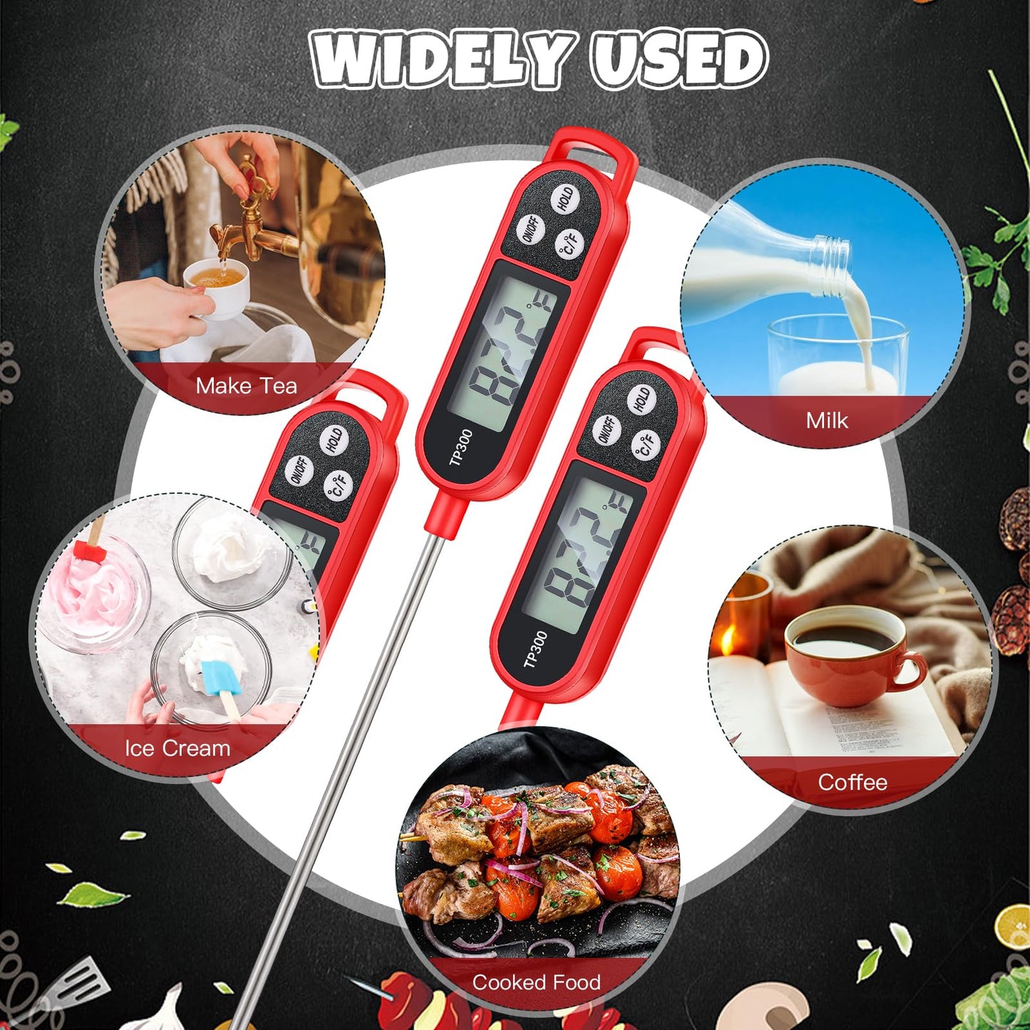 6 Pcs Instant Read Meat Thermometer with Long Probe 9.65 Inch Kitchen Cooking Food Candy Waterproof Digital Thermometer for BBQ Water Milk Yogurt Liquid (Round&Square Ring,Black,White,Red)