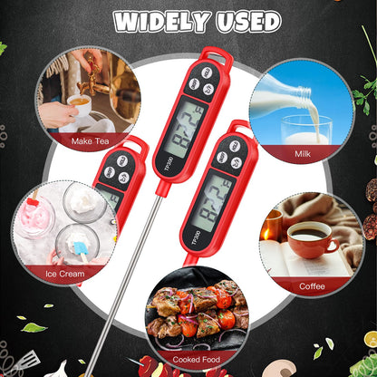 6 Pcs Instant Read Meat Thermometer with Long Probe 9.65 Inch Kitchen Cooking Food Candy Waterproof Digital Thermometer for BBQ Water Milk Yogurt Liquid (Round&Square Ring,Black,White,Red)