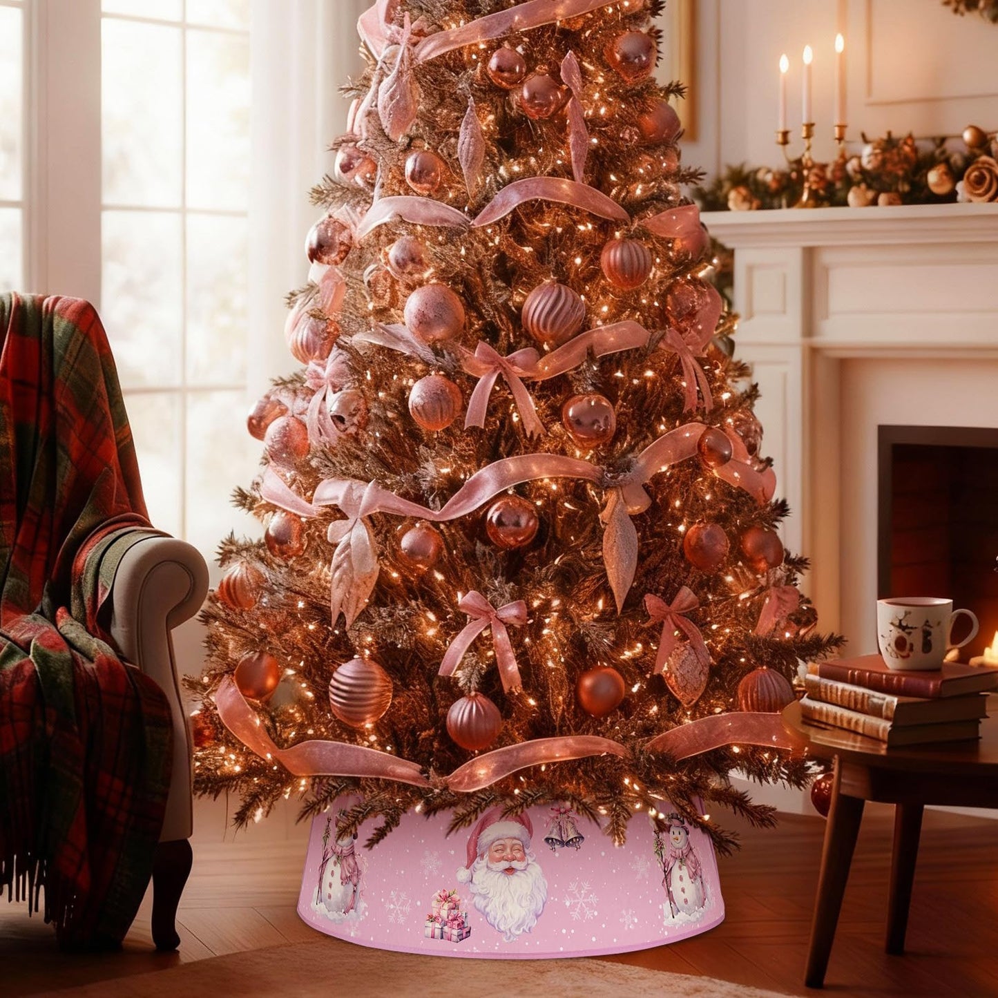Motionchic Christmas Tree Collar 30'' Pink Santa Claus Christmas Tree Skirt Stand Base Cover Xmas Base Collar Ring Xmas Decoration Stand Skirt for 6 ft - 12 ft Foldable Holiday Winter Party Decor