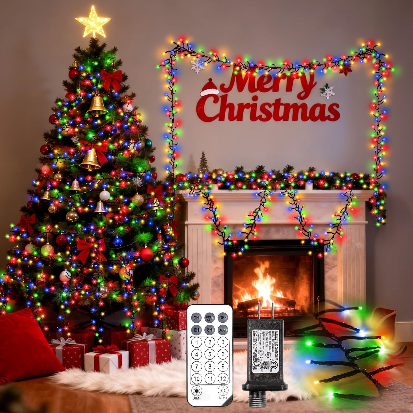 1200 LED 59FT Christmas Cluster Lights, Multicolor Christmas Tree Lights Outdoor, Firecrackers String Light with 12 Modes Timer Remote, Waterproof Plug in Twinkle Fairy Light for Xmas Tree Garland