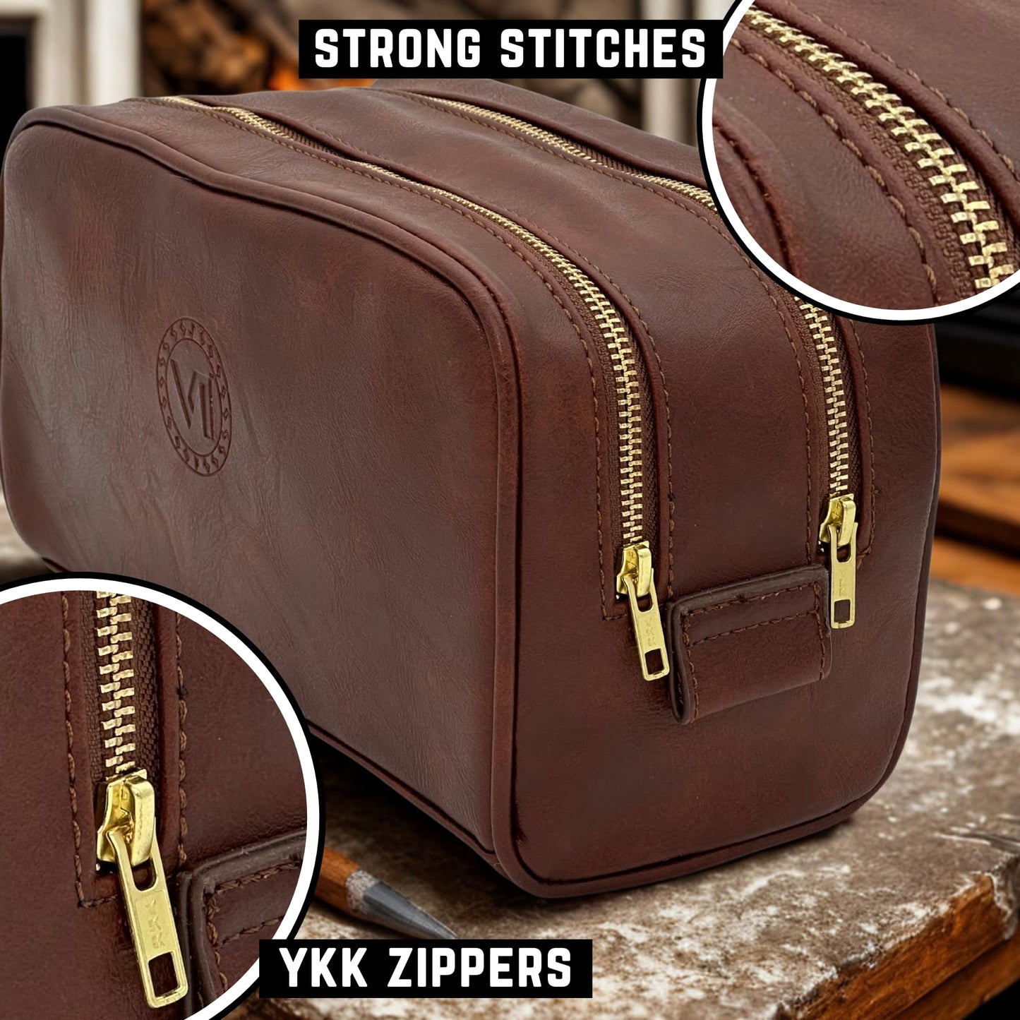 Toiletries bag for men, Premium PU Leather Dopp with Metal Zippers & Bottom Studs, Waterproof Grooming Kit for Men, Mens Birthday Gift, Includes Velvet Dust Bag & Shape-Retention Stuffing / DARK BROWN