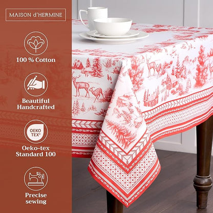 Maison d' Hermine Table Cloth Rectangle Table 100% Cotton 60 x 108 Inches Fall Tablecloth Reusable Everyday Use for Thanksgiving Christmas Decorations Dining Farmhouse Party (Winter Jouy)