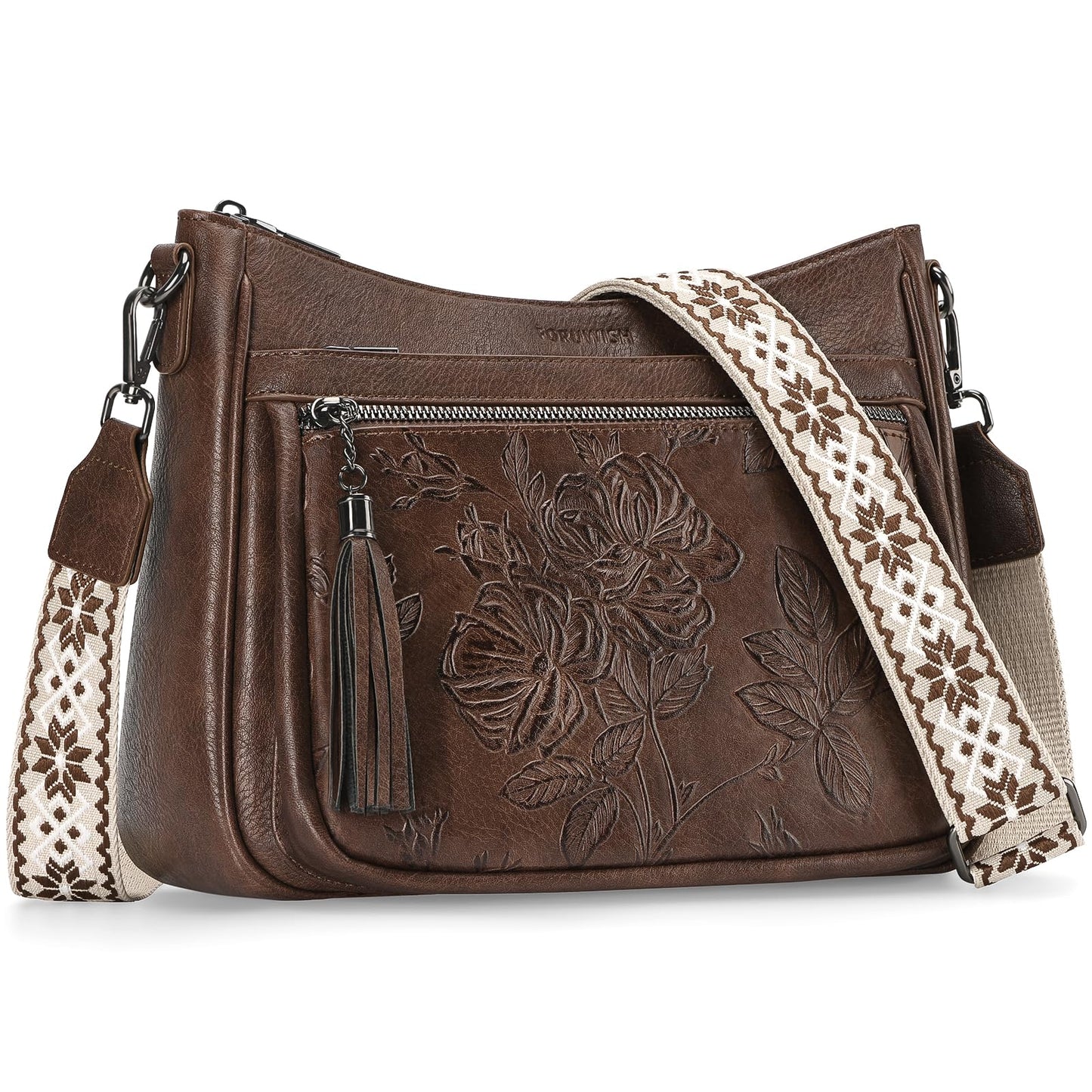 FORUWISH Crossbody Bags for Women, Coffee Brown Vegan Leather Medium Crossbody Purse, Spacious Daily Travel Shoulder Bag with Boho Strap