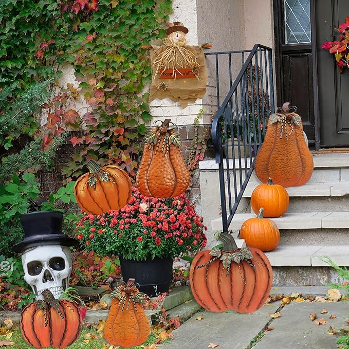 Metal Pumpkin Stakes Yard Signs Fall Decor Decorative Garden Stake Lawn Pumpkins Ornaments Outdoor Autumn Decoration for Harvest Halloween Thanksgiving (17.5" H Orange x2)