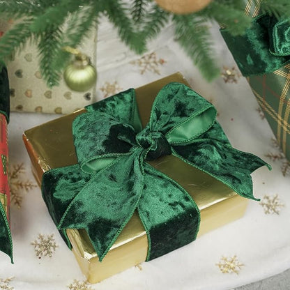 MEEDEE Green Velvet Wired Ribbon 2.5 inch Crushed Velvet Christmas Ribbon 10 Yards for Christmas Tree Decoration, Wreath Supplies, Crafts Bow, Gift Wrapping, Wedding Decor and Accents