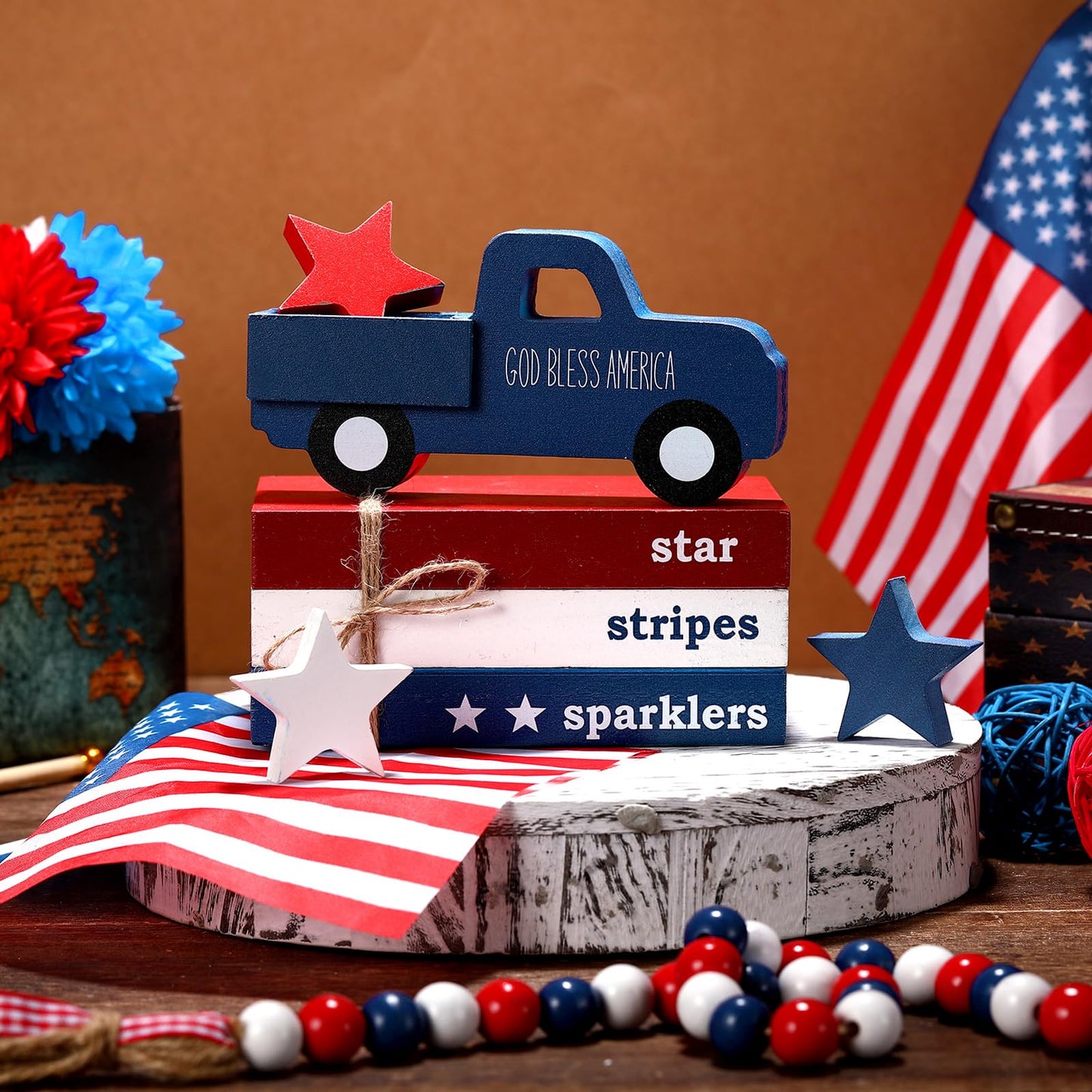 DoubleFill 7 Pcs 4th of July Decoration Patriotic Red White Blue Tiered Tray Decor 250th Anniversary Table Decor Centerpiece American Wood Faux Book Sign for Memorial Veterans Day Rustic Home Shelf