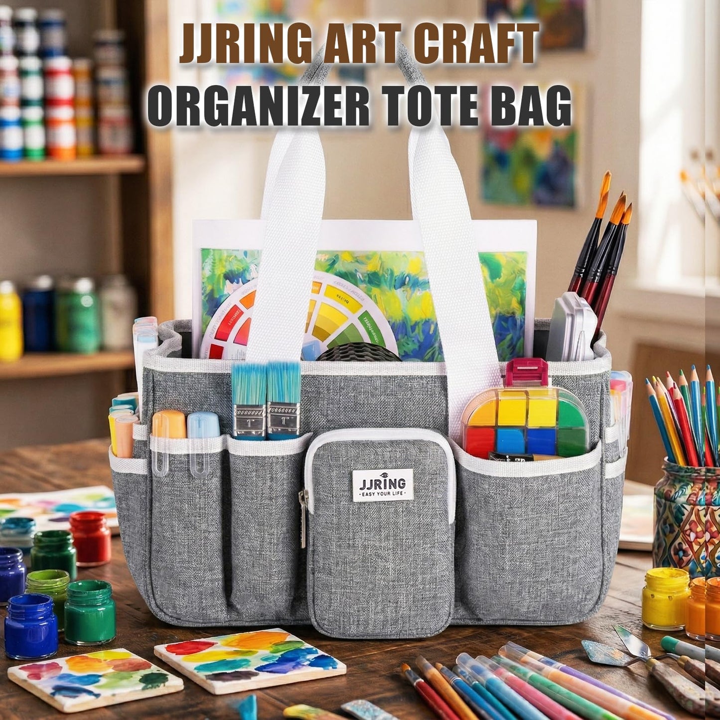 JJRING Craft Organizer Tote Bag, Portable Art Caddy with Adjustable Divider&Secure Zipper Pocket, Large Foldable Storage Tote for Scrapbooking, Sewing, Artist and Home(Grey)