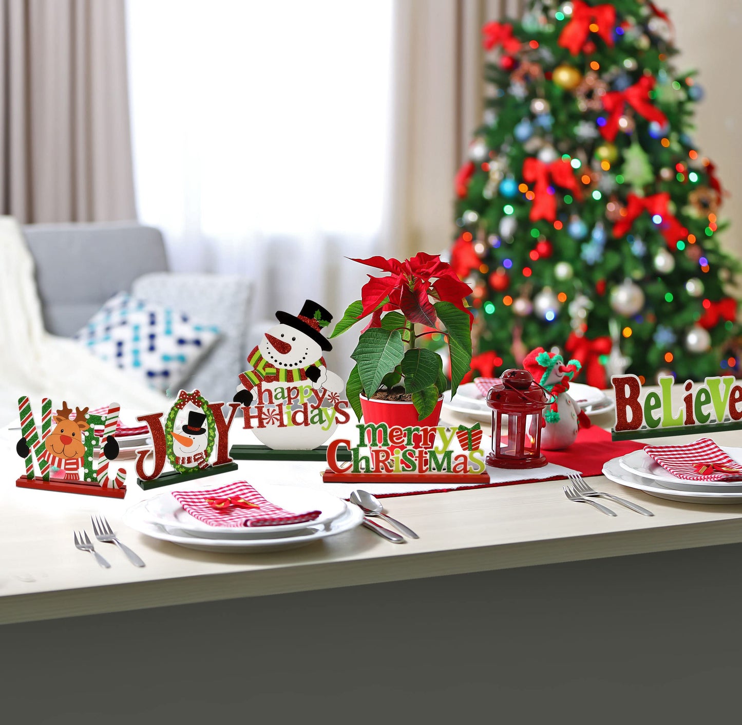 Gift Boutique 6 Christmas Table Signs Decorations Wooden Centerpiece Tabletop Snowman Wood Desktop Decor for Kitchen Home Xmas Holiday Party Supplies