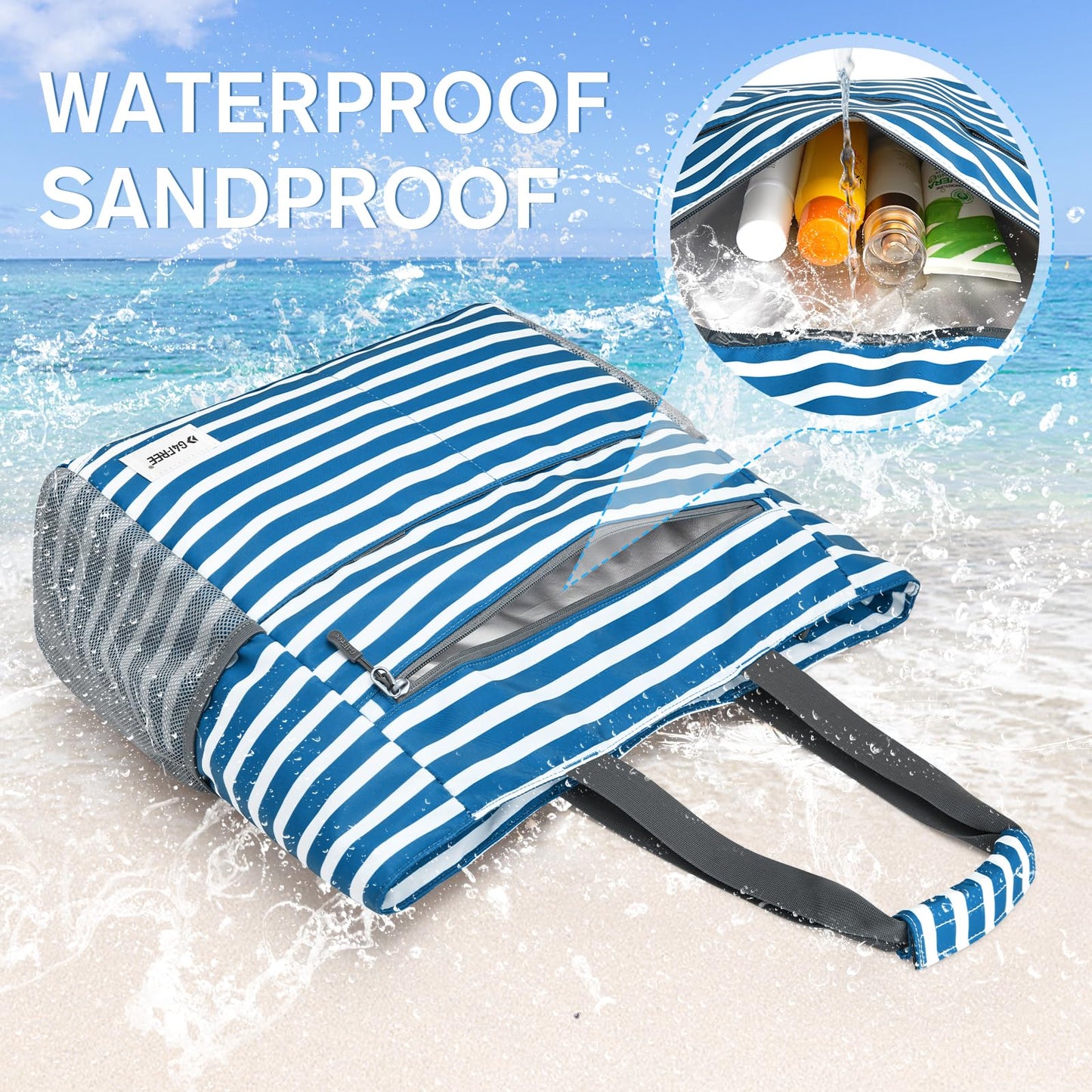 G4Free Beach Bag, Waterproof Sandproof Beach Tote Bag, Large Capacity Foldable for Women, Navy Stripe