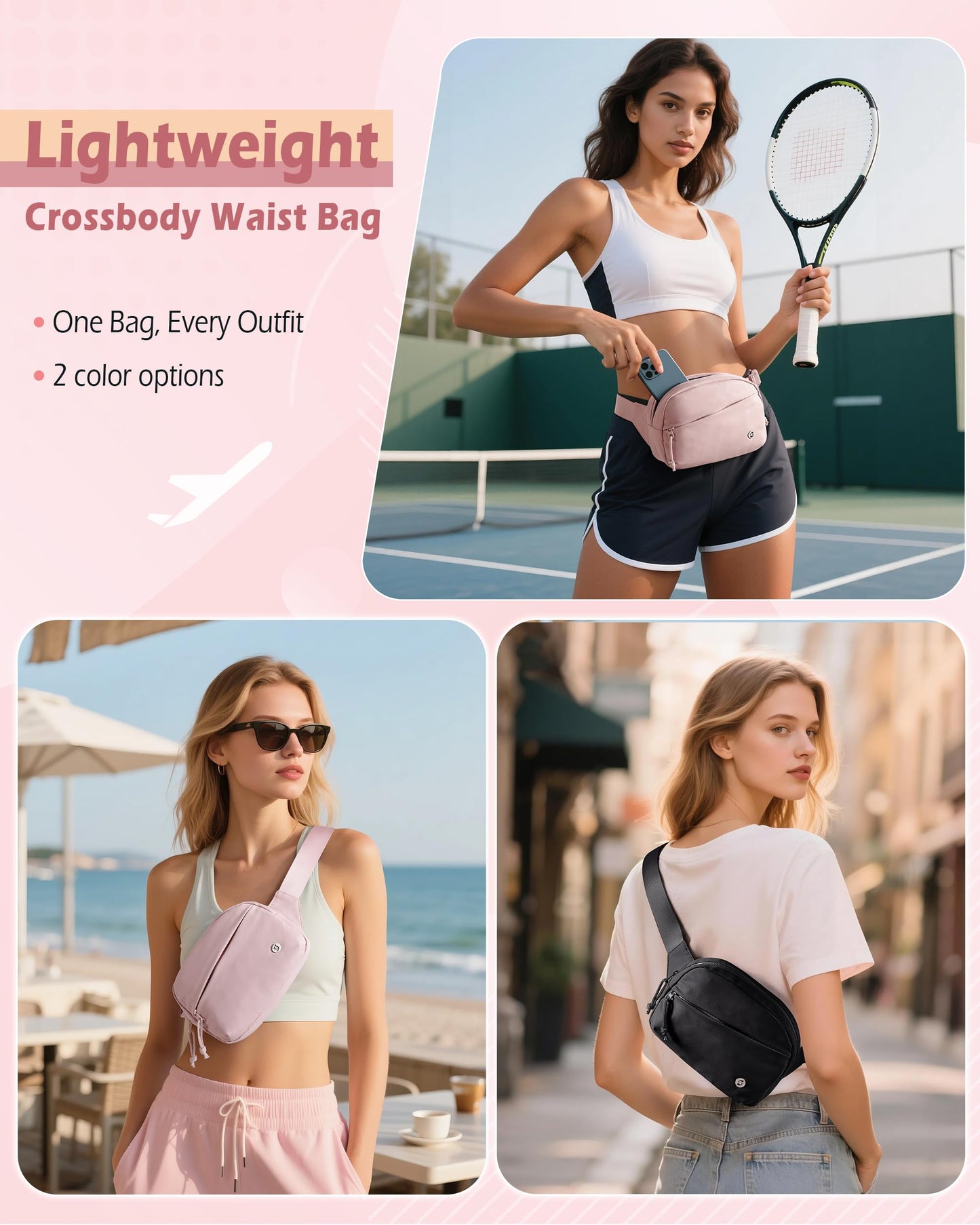 Smasrob Fanny Pack for Women, Crossbody Sling Bag Waist Bag with Multiple Pockets and Adjustable Strap, Black