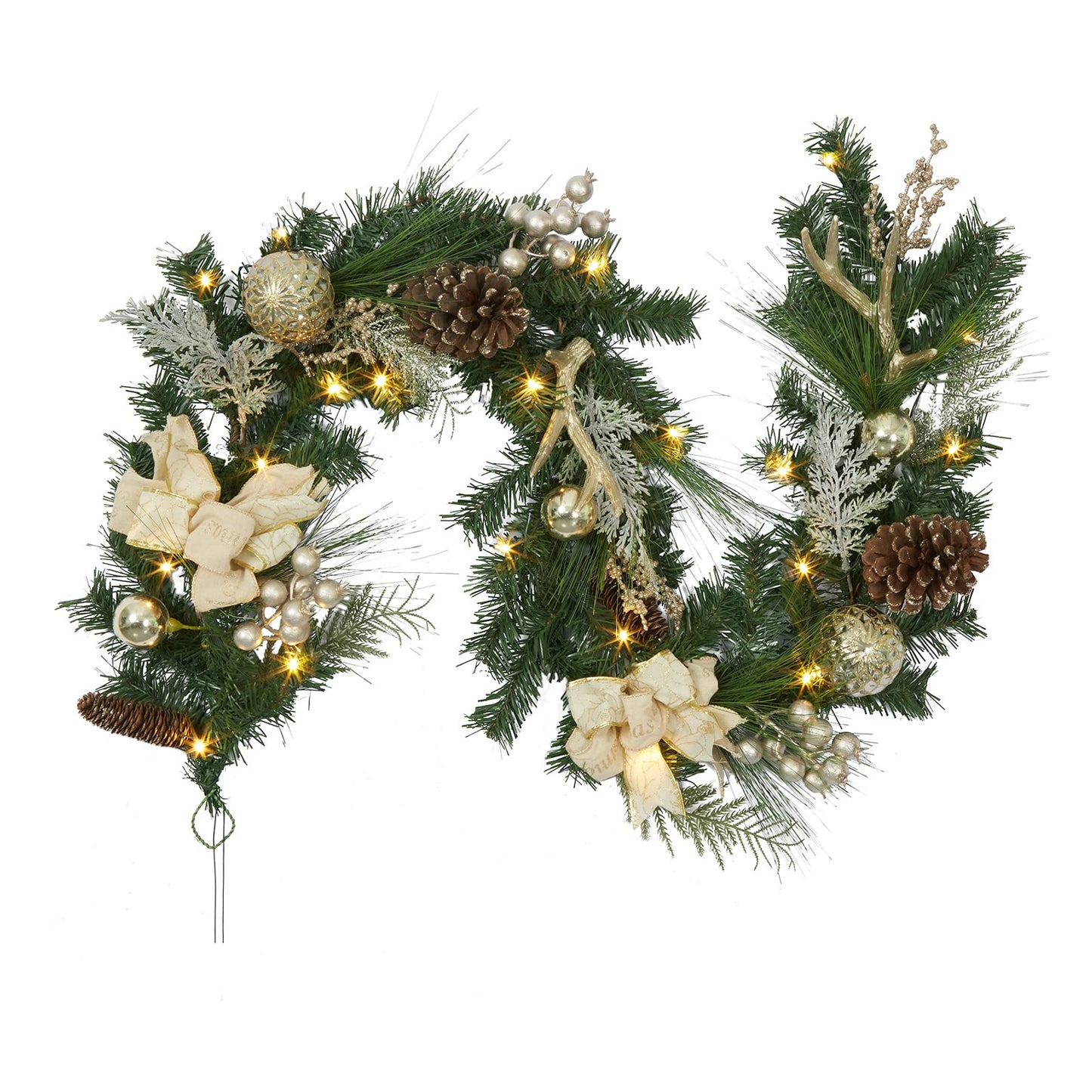 LinTimes Christmas Garland with 20 Led Lights, 6 Ft Pre-Lit Gold Xmas Garland with Faux Antlers Bow-Knot Ball Ornaments, Battery Operated Garland with Timer for Mantle Staircase Table Decoration