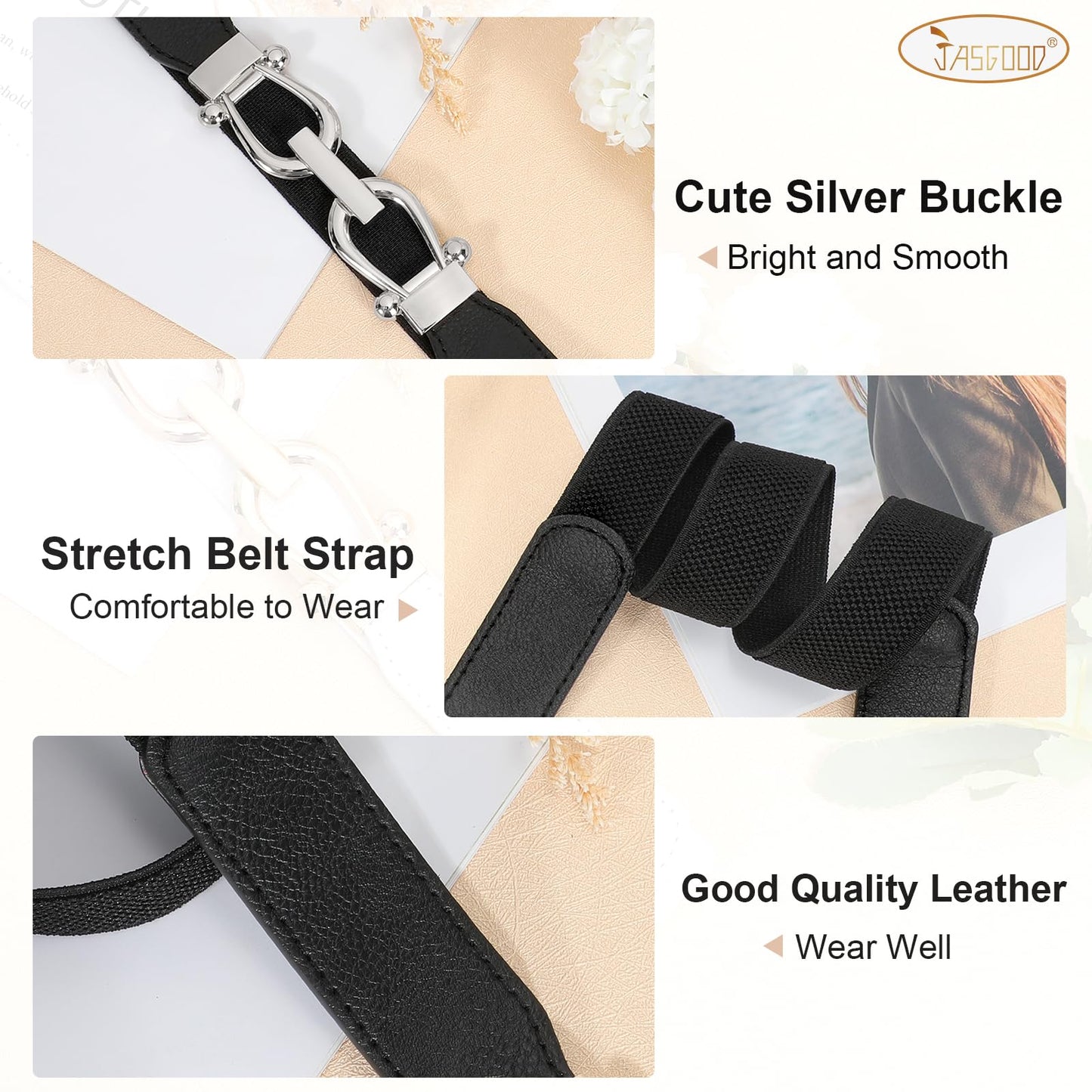 JASGOOD Women Stretchy Waist Belt Retro Elastic Skinny Belt for Ladies with Silver Buckle 2 Pack