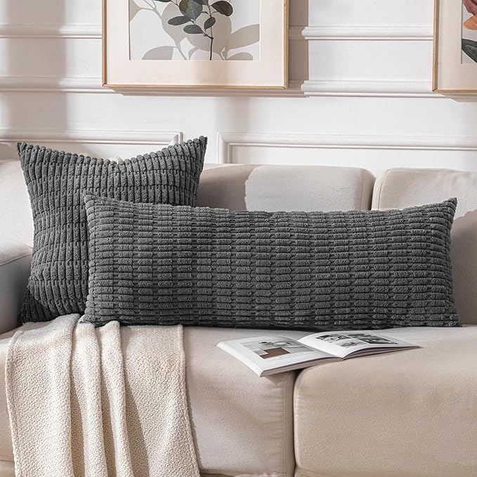Fancy Homi Dark Grey Long Body Lumbar Decorative Throw Pillow Covers 14x36 Inch for Bed Couch Bedroom Bench, Soft Corduroy Rectangle Solid Pillow Case, Rustic Farmhouse Boho Room Decor