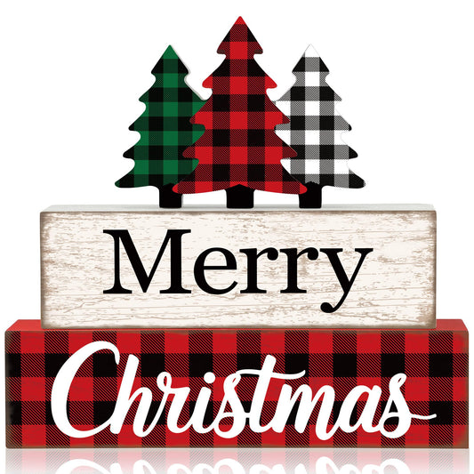 3 Pcs Merry Christmas Table Wooden Decor Christmas Tree Wood Block Sign Xmas Buffalo Plaid Tabletop Centerpiece Xmas Rustic Tiered Tray Decor for Winter Farmhouse Home Kitchen Office Shelf Decoration
