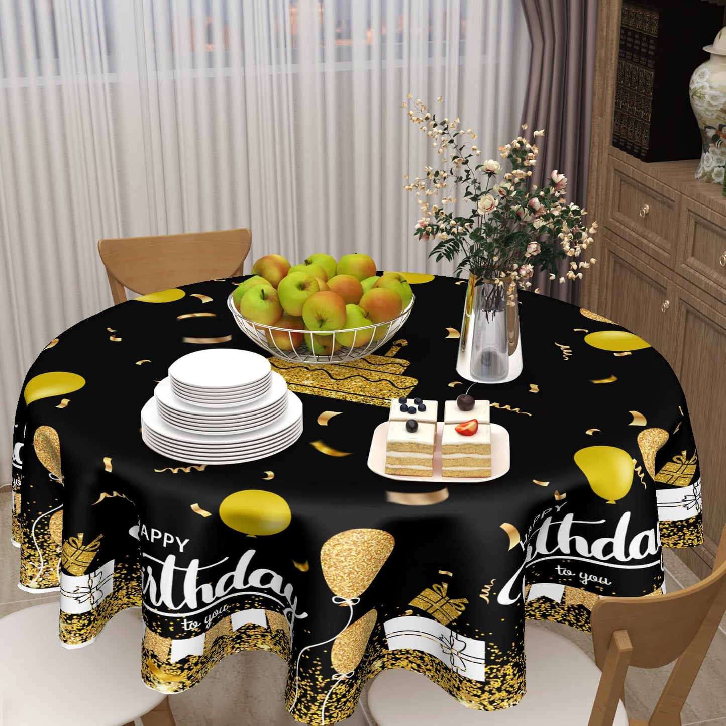 Giwawa Happy Birthday Round Tablecloth 60" Black Gold Birthday Cake Confetti Flags Balloons Gifts Decorative Circle Table Cloth Cover Stain & Wrinkle Resistant for Dining Room Kitchen Indoor Outdoor