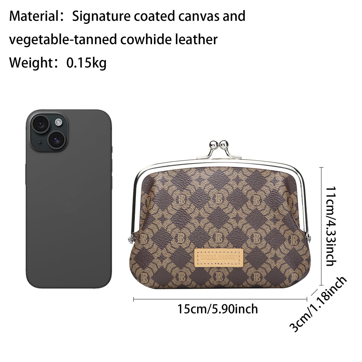 Royal Bagger RFID Coin Purses for Women, Fashion Kiss Lock Change Pouch, Double Clip Key Card Storage Bag,Signature Coated Canvas & Vegetable-Tanned Cowhide Leather 2858 (Coffee)