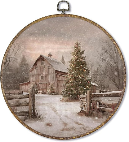 Fewgb Winter Farmhouse Christmas Tree Round Wall Art Decor Framed, Vintage Country Canvas Wall Art Prints Picture, Snowy Farm Landscape Hanging Room Decor Artwork for Gallery Bedroom Kitchen 10x10