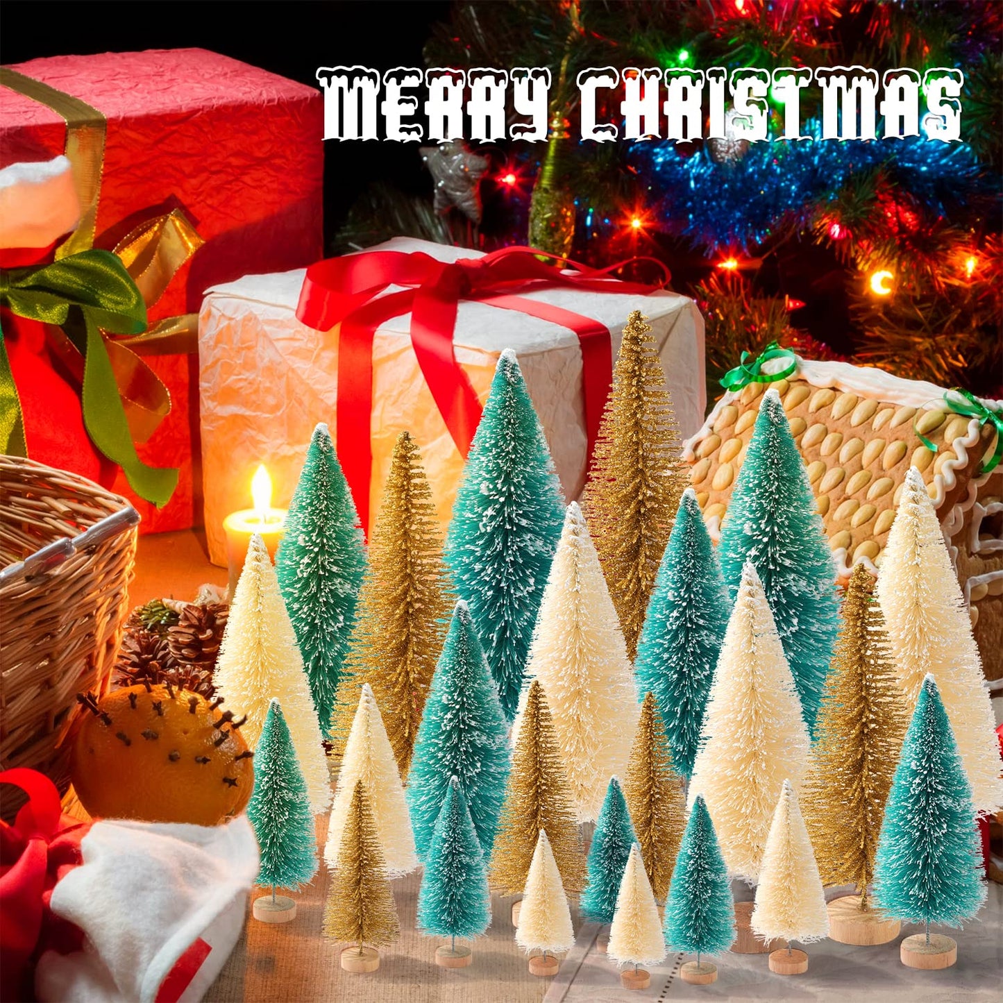 30Pcs Mini Christmas Trees, Artificial Christmas Tree Bottle Brush Trees Christmas with 5 Sizes, Sisal Snow Trees with Wooden Base for Christmas Decor Christmas Party Home Table Craft
