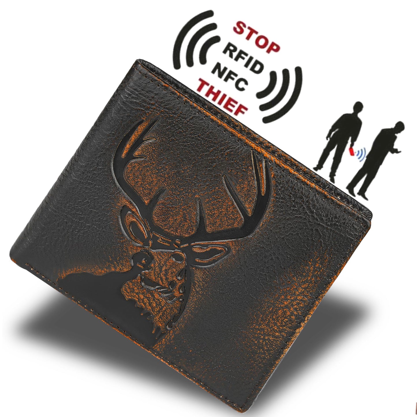 DK86 Deer Bifold Wallet for Men RFID Blocking Full Grain Leather With Hand Burnished Extra Capacity Multiple Card Slots with 2 ID Windows (black orange with deer)