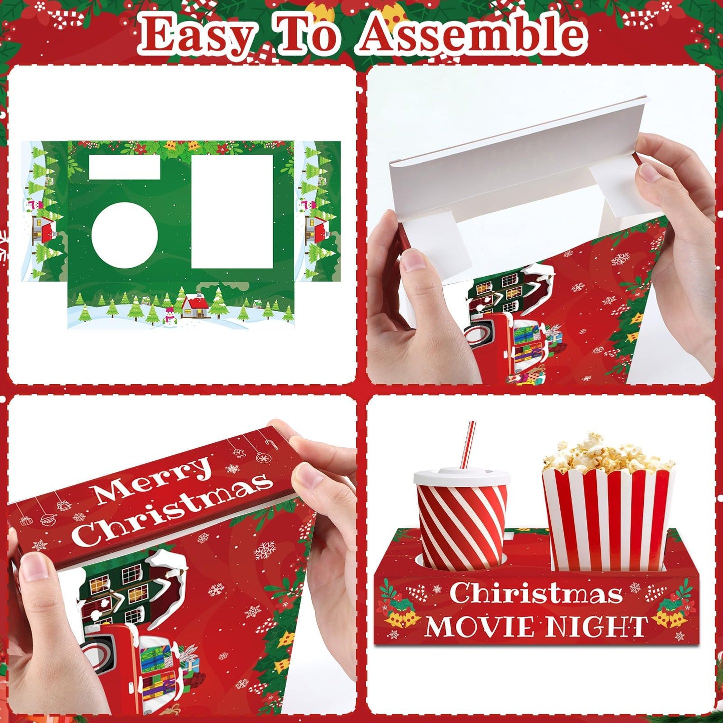 QOUBAI 32Pcs Christmas Party Supplies Movie Night Paper Snacks Boxes Xmas Santa Snowman Cinema Movie Theater Snack Tray Party Decorations Popcorn Drink Holder Set for Holiday Birthday Holiday