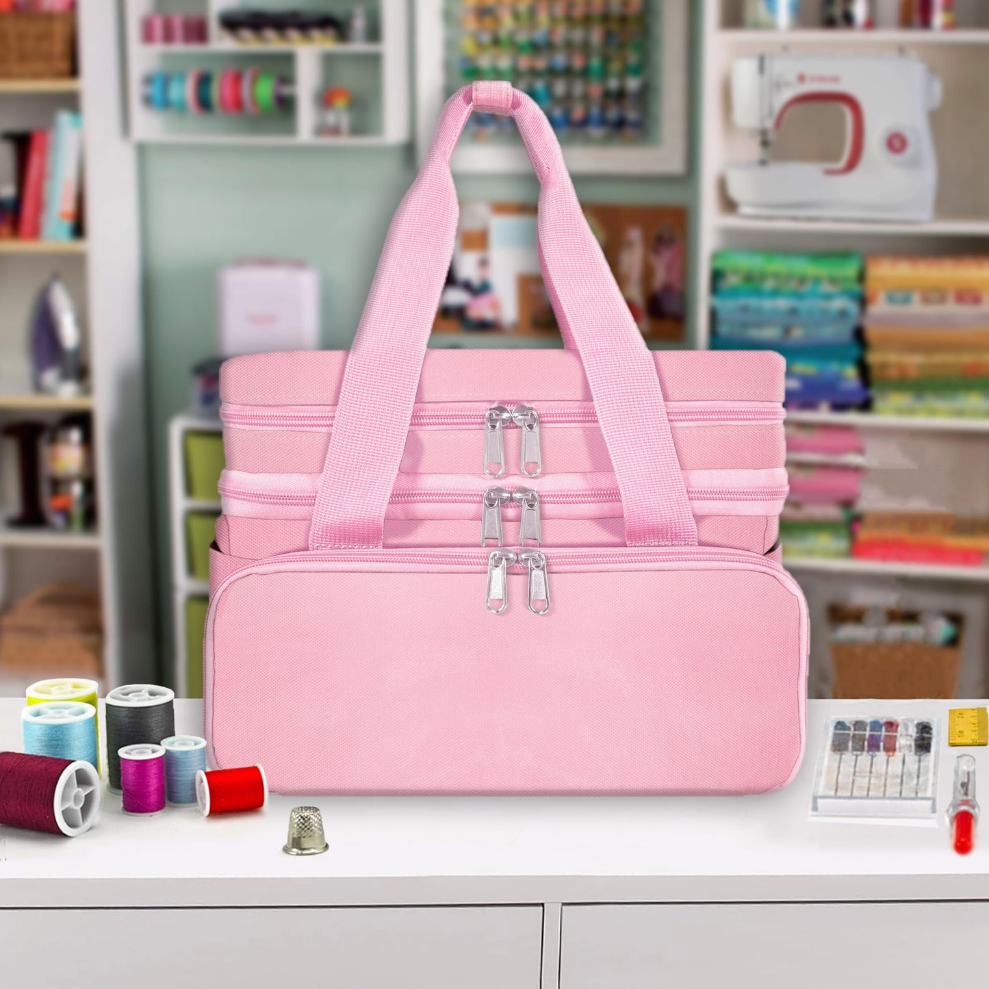 SINGER Sewing Accessories Organizer (Bag Only) – Double Layer Portable Sewing Storage Bag | 2 Detachable Pouches and 18 Compartments, Large Sewing Supplies & Crafting Carry-all (Pink)