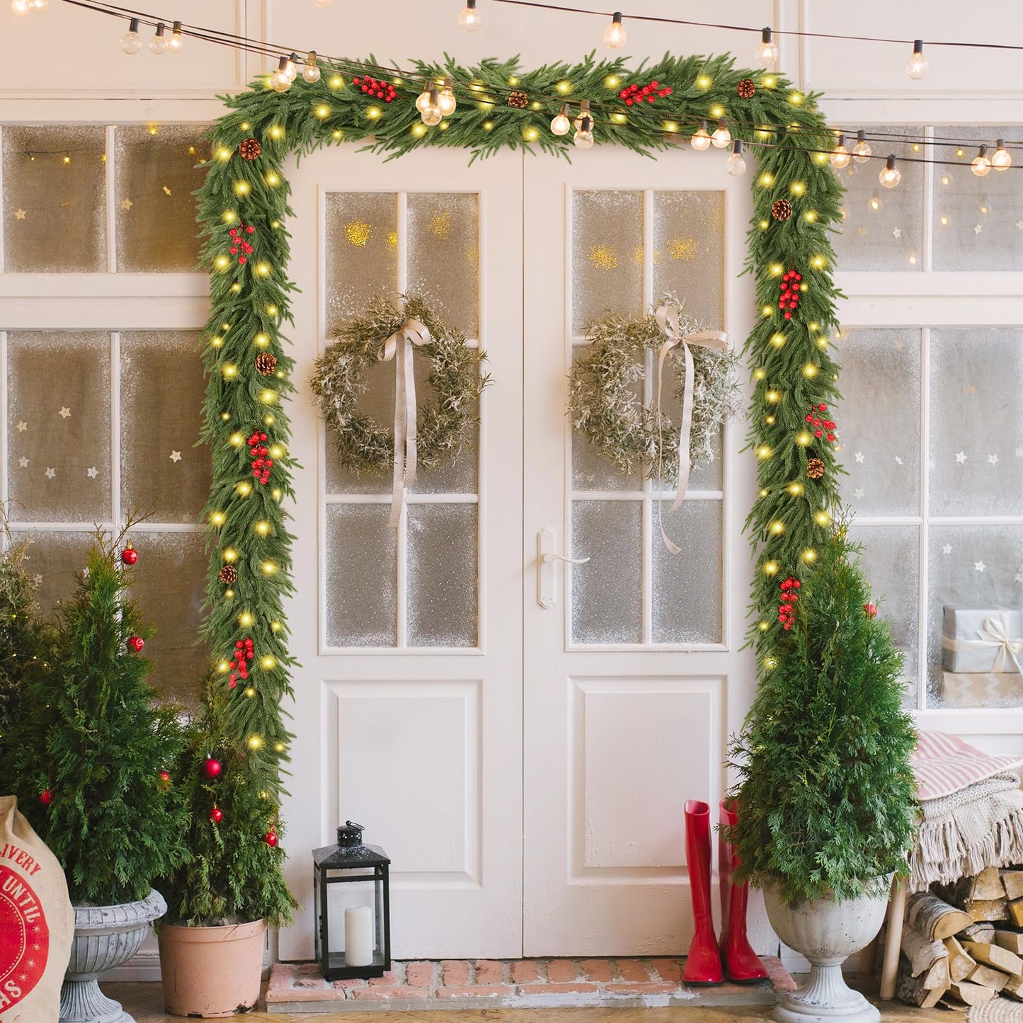 9FT Artificial Norfolk Pine Garlands - Real Touch Winter Pine Garland, Green Artificial Greenery Garland for Mantle, Table, Wall, Indoor & Outdoor Fireplace Christmas Decorations