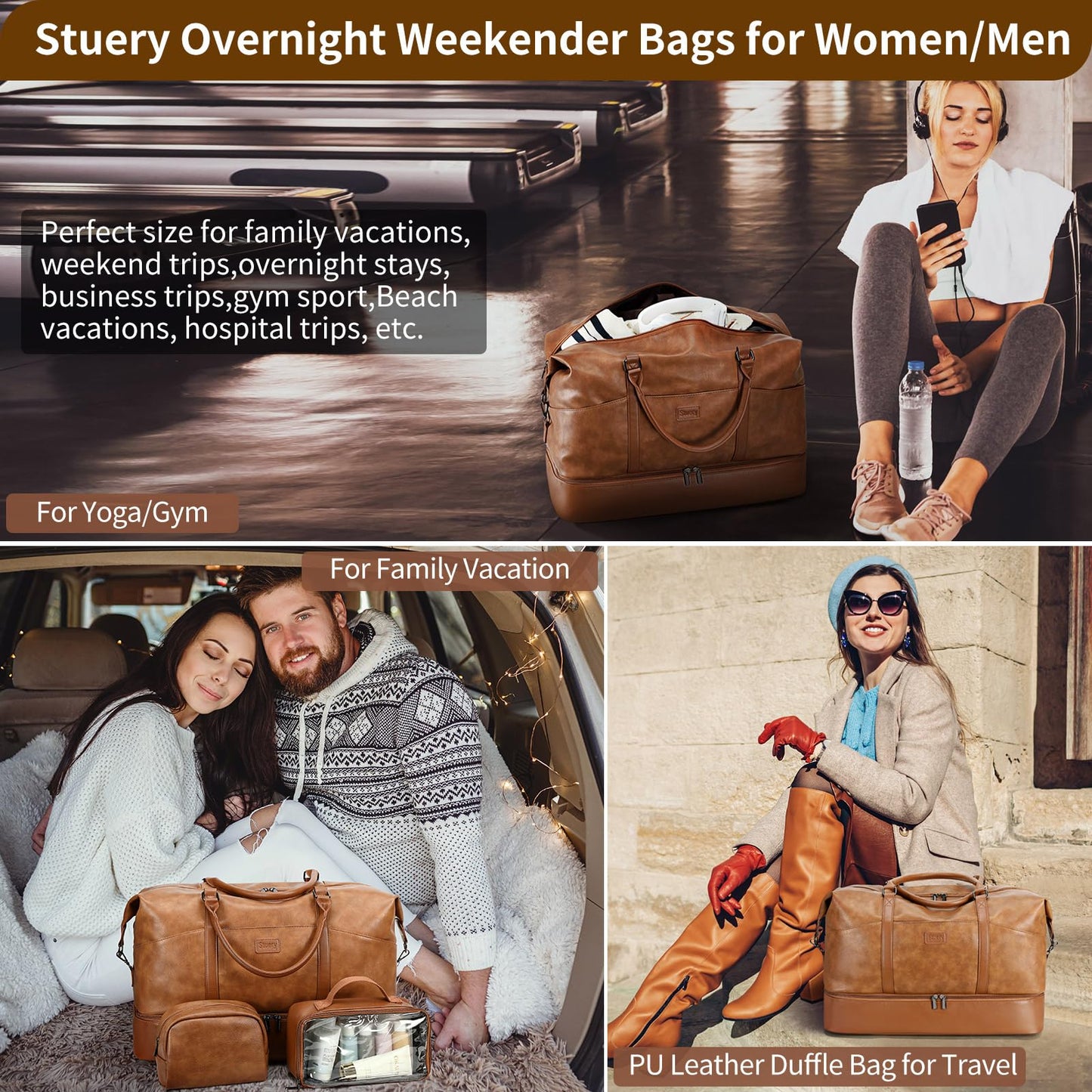 Faux Leather Weekender Bags for Women: Large Overnight Bags Travel Duffel Bag Carry On Shoulder Weekend Tote with Shoe & Laptop Compartment & Toiletry Bags for Airplane Traveling Gym, Brown