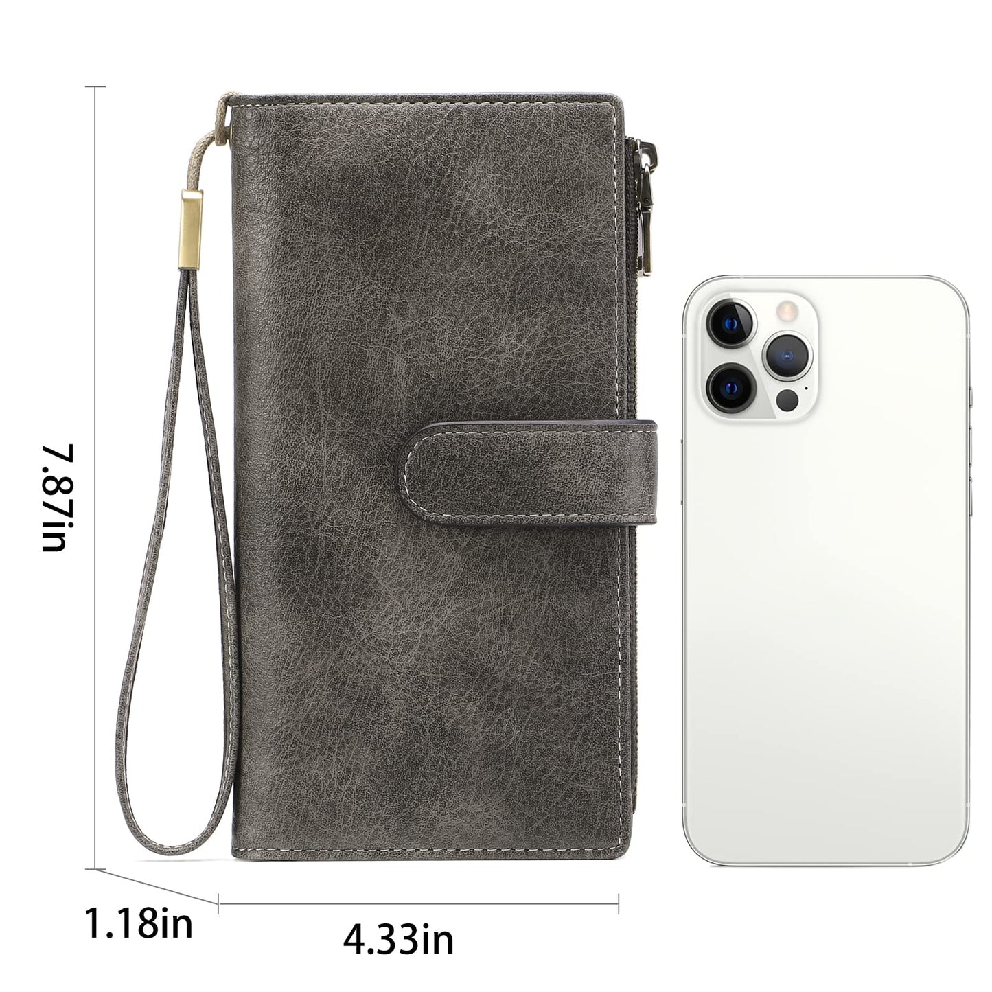 GOIACII Wallet for Women Large Wristlet Purse Trifold Clutch Grey