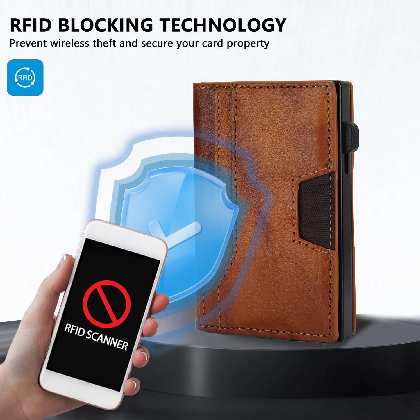 RFID Blocking Wallet for Men, Aluminum Pop Up Credit Card Holder with Money Clip,Holds 10+ Cards Slim Leather Minimalist Front Pocket Wallet, Gifts for Men
