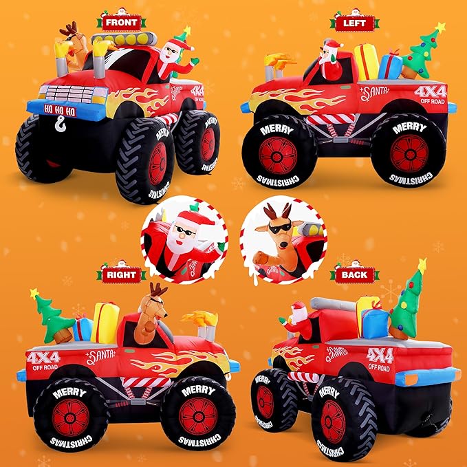 8 FT Long Santa in Monster Truck Christmas Inflatables Outdoor Decorations, Christmas Blow Up Santa Claus Yard Decorations for Garden Lawn Xmas Decor