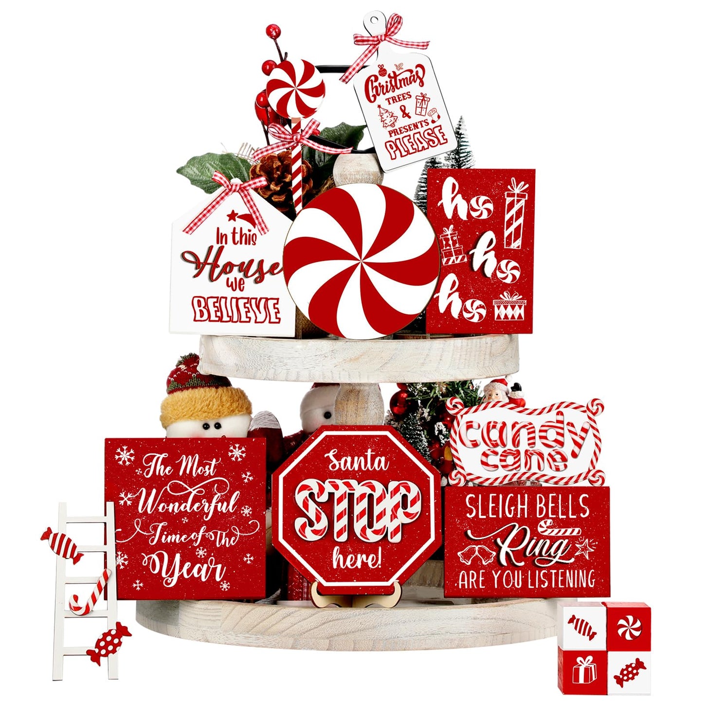 Mifoci 14 Pcs Christmas Tiered Tray Decor Rustic Christmas Decorations Snowman Santa Candy Wood Sign Xmas Table Tiered Tray Winter Farmhouse Rustic Table Decor for New Year Home Shelf Tabletop