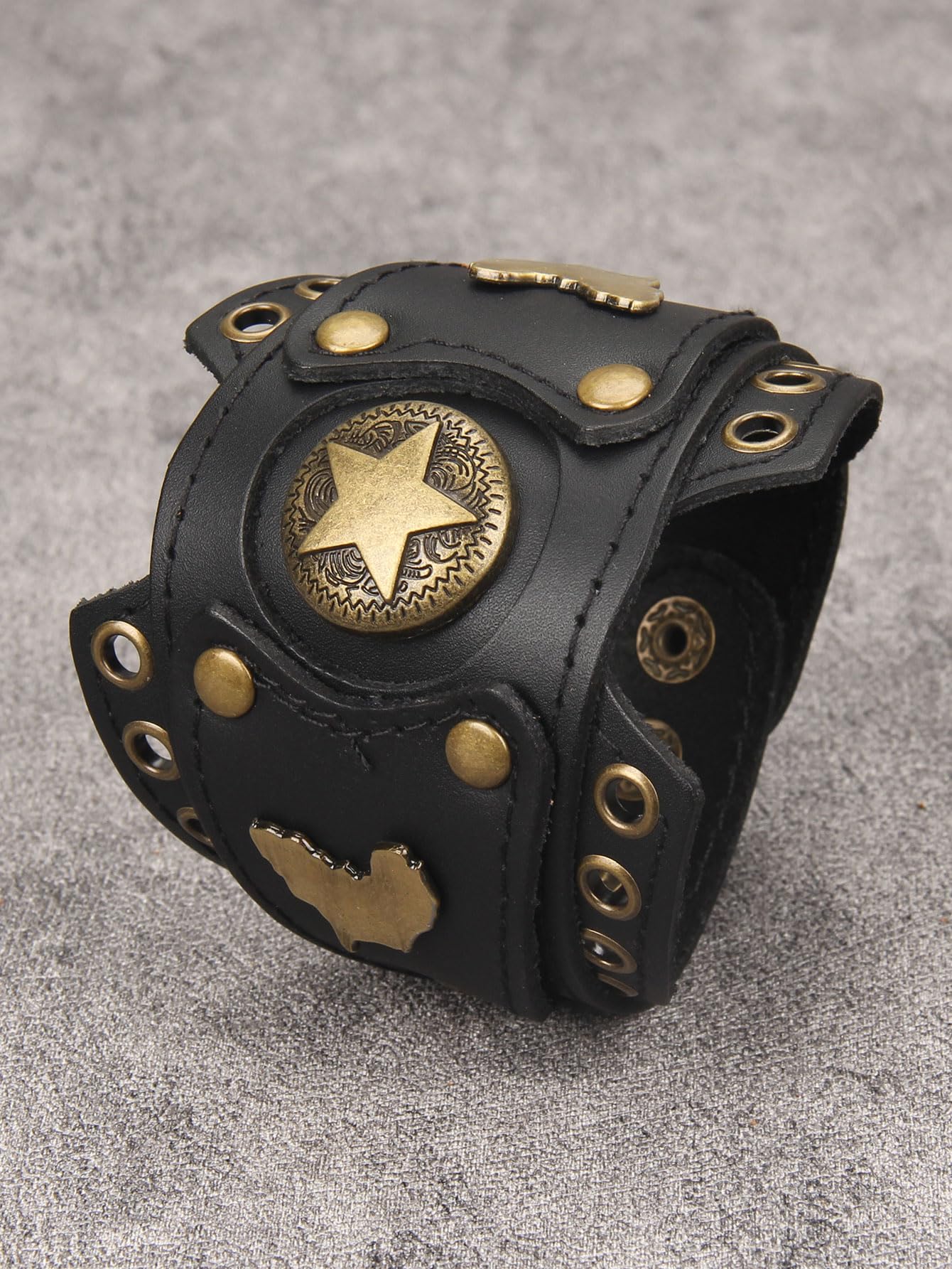 GelConnie Womens Black Leather Cuff Bracelet Wide Leather Biker Cuff Bracelet for Men Star Studded Punk Rock Wristband Gothic Bracelets