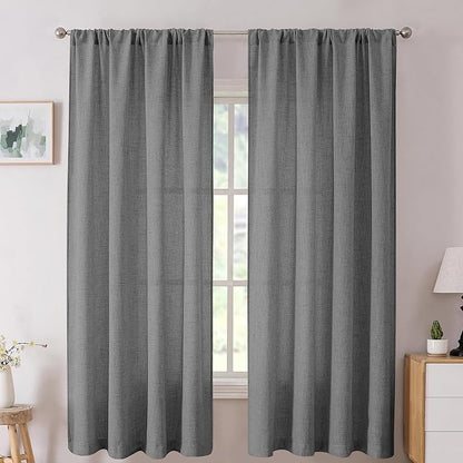 Tollpiz Short Linen Curtains Bedroom Rod Pocket Semi Sheer Curtain Burlap Light Filtering Thick Linen Drapes for Living Room, 38 x 45 inches Long, Dark Grey, Set of 2 Panels