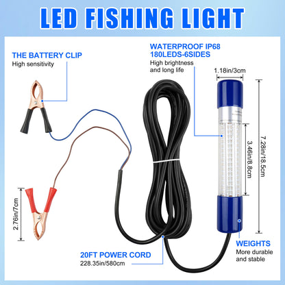 Underwater Fishing Light 1600 Lumens 10.8W 12/24V Submersible Fishing Bait Finder 180 LED Deep Drop Night Fishing Light with 20 FT Cord for Shrimp Squid Fish Crowds