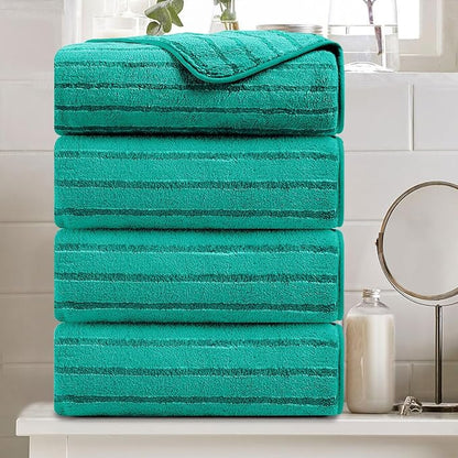 4 Pcs Blue Green Cabana Stripe Large Bath Towels 35"x70" Oversized Bath Sheet
