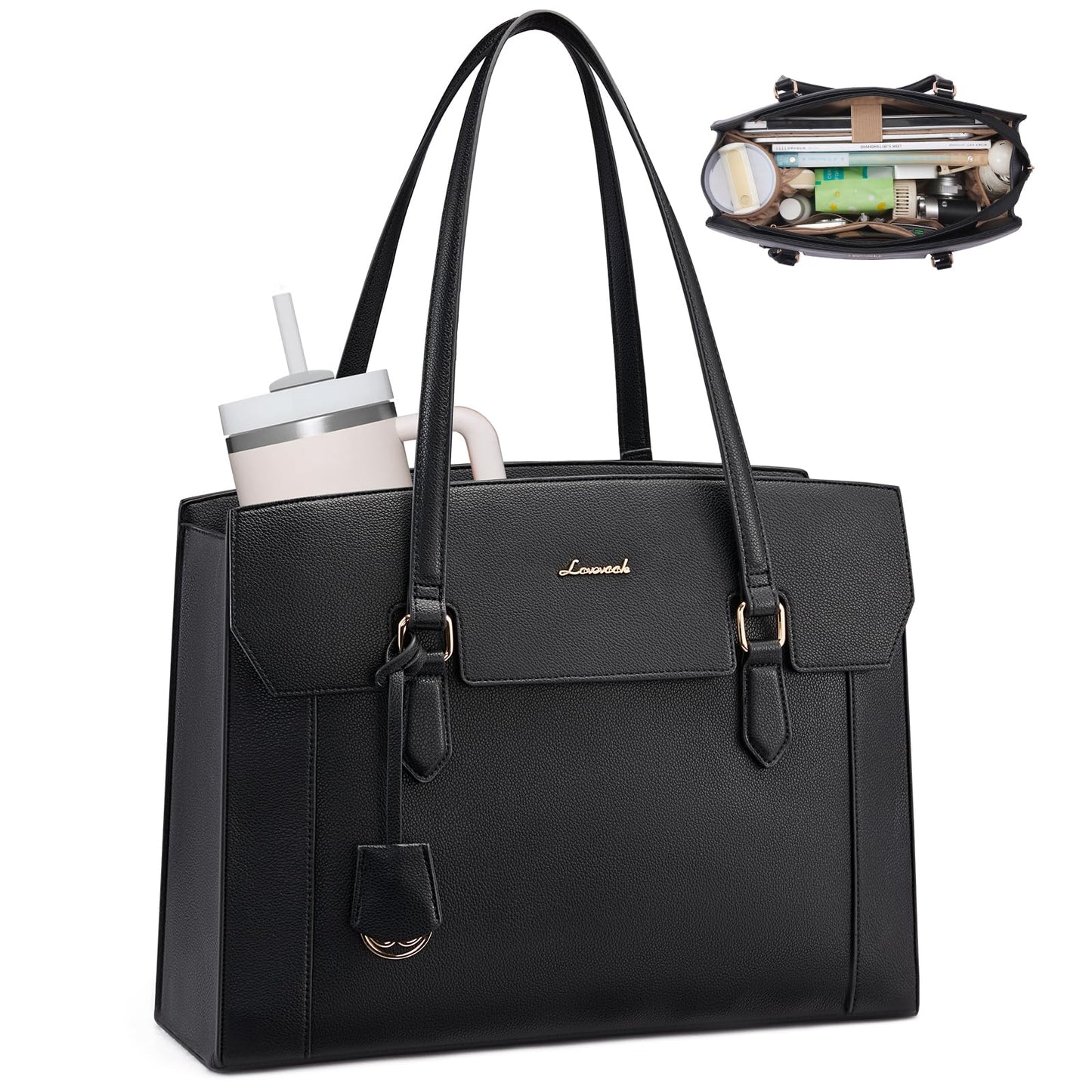 LOVEVOOK Laptop Tote Bag for Women,Computer Work Bag With Large Cup Holder,15.6 Inch Waterproof PU Leather Purse Briefcase for Teacher