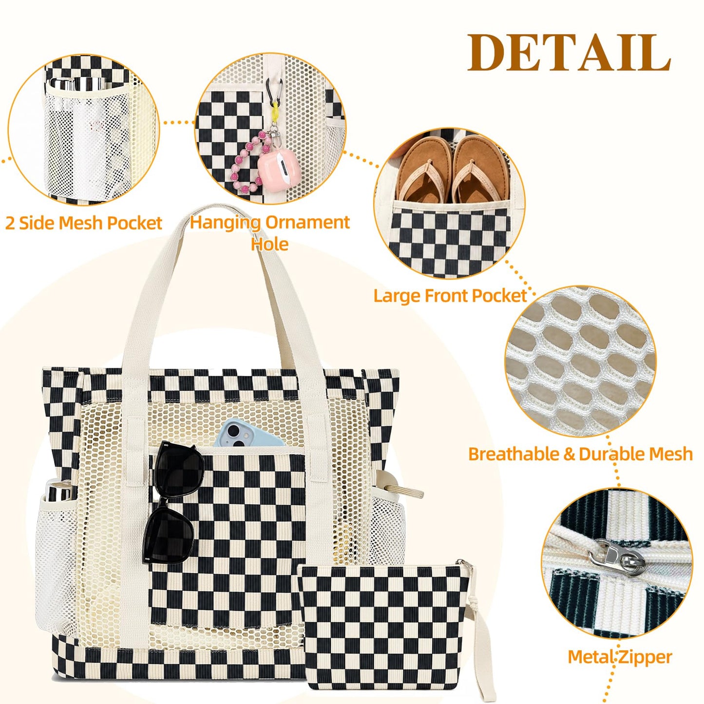 MIAOJIE Mesh Beach Tote Bags for Women Corduroy Tote Bag Sandproof Mesh Beach Bag With Zipper Pocket Pool Bag for Weekender Travel Cruise Swim -Black Plaid