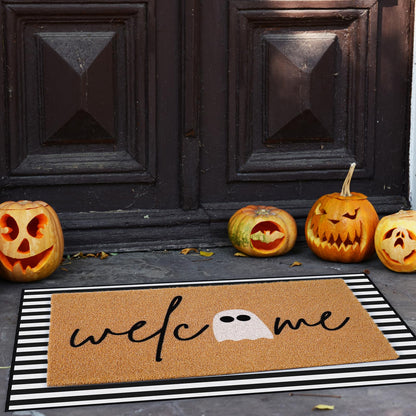 JarThenaAMCS 2Pcs Halloween Door Mat Combo Set 16.5" x 29" Cute Ghost Imitation Coir Welcome Doormat with 23.6" x 35.4" Black White Stripe Rug for Indoor Outdoor Home Bathroom Decor