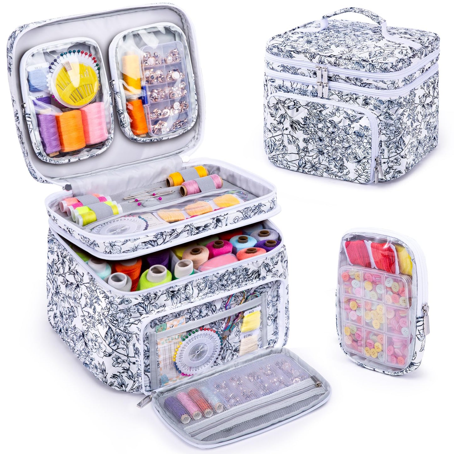 AMOIGEE Double-Layer Sewing Organizer Storage Bag with 2 Detachable Pouches, Large Quilted Sewing Basket for Supplies & Tools, Portable Travel Sewing Kit Case, Gift for Mom(BAG ONLY)