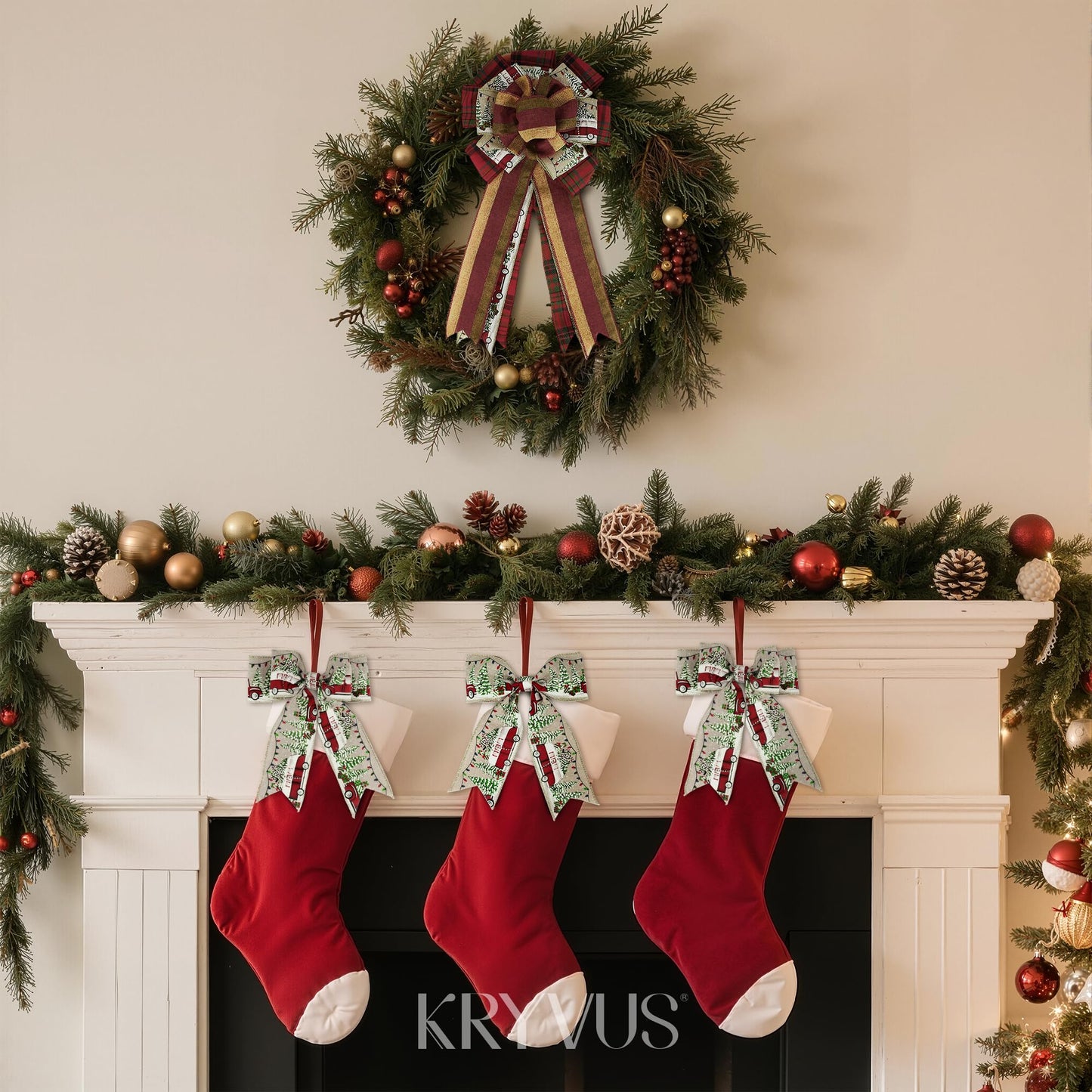 Kryvus Christmas Wired Ribbon, 2.5 Inch x 10 Yards, Natural Linen Ribbon with Gold Wired Edge for Wreaths, Gift Wrapping, Christmas Tree Decorations and Holiday Crafts (Bus)